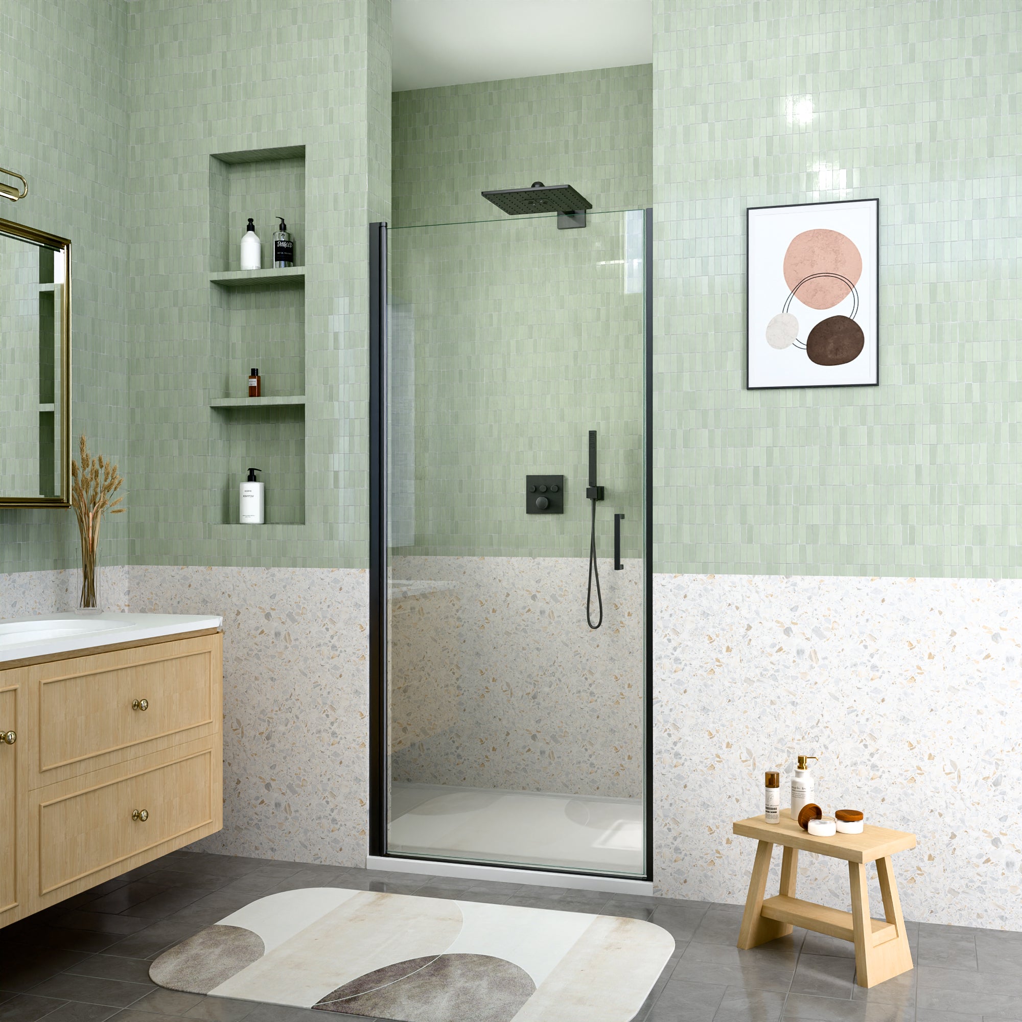 24" W x 72" H Semi-Frameless Circular Pivot Shower Door in Matte Black by HouseOfZazla