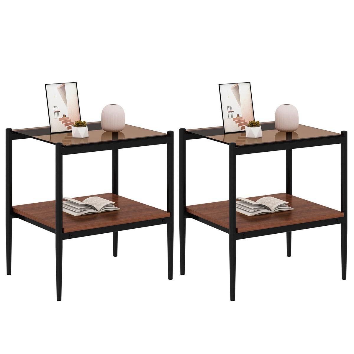 Modern Rectangle End Table Set with Tempered Glass Tabletop - Brown, photo 2 of 14