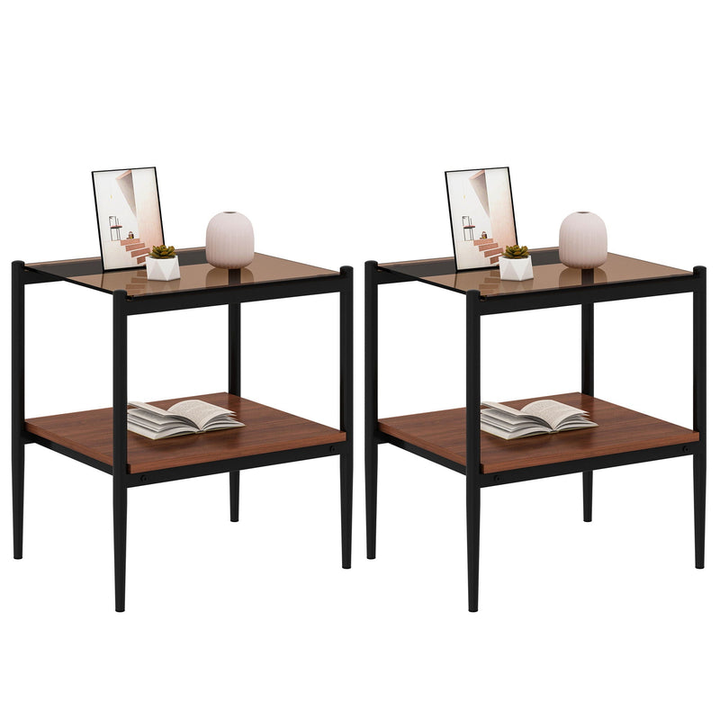 Modern Rectangle End Table Set with Tempered Glass Tabletop - Brown, photo 2 of 14