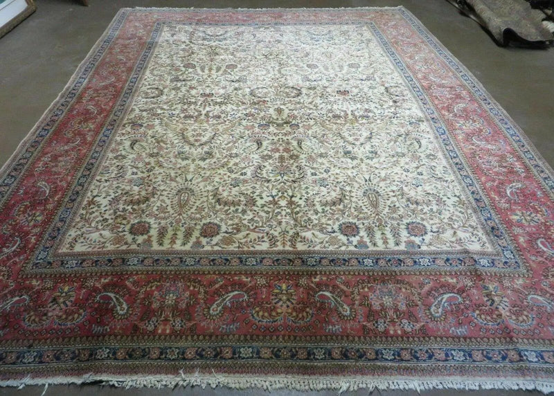 Persian Tabriz Rug 8x10, Bird Motifs Floral, Boteh Paisleys, Cream and Red, Handmade Wool Carpet by Jewel Rugs