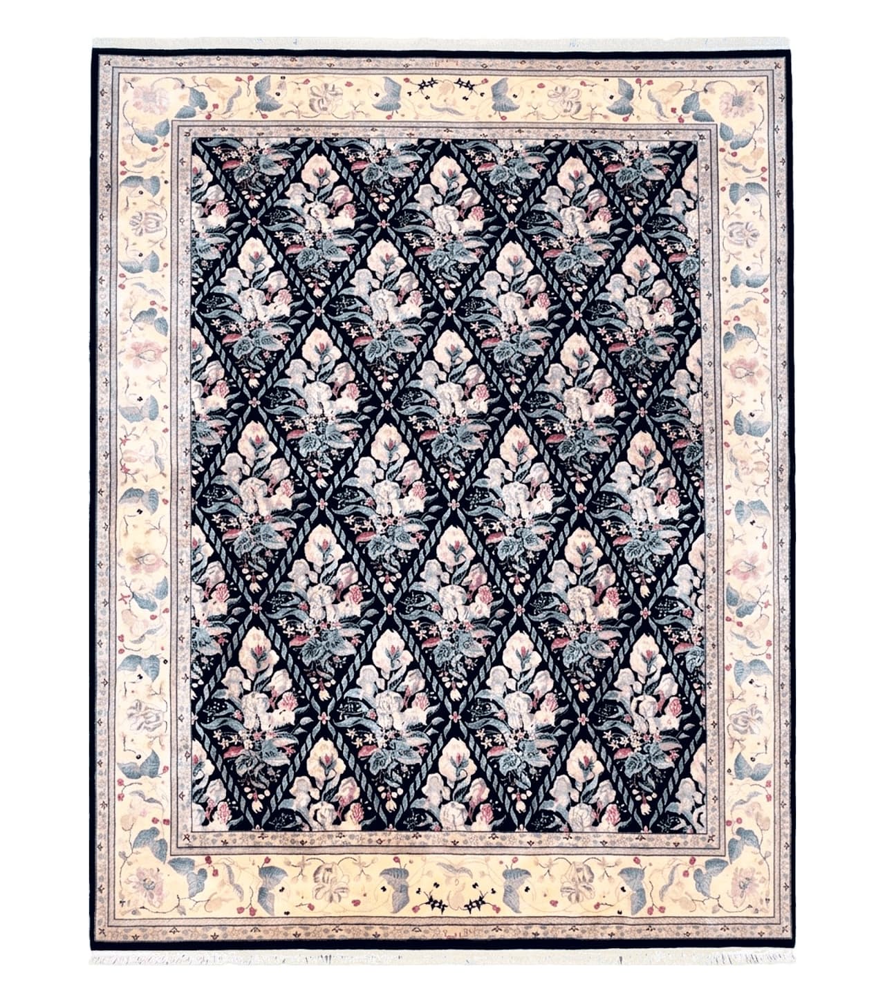 Sino-Persian Kirman Rug 9x12 Floral Handmade Wool Carpet Black & Ivory Vintage by Jewel Rugs