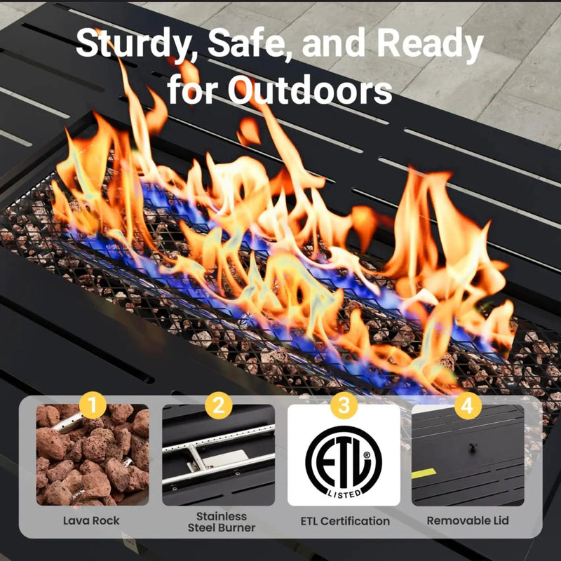Outdoor 2 In 1 Propane Fire Pit Table With Lid & Glass Shield, Rectangular Fire Table, Lava Rock & Cover - Black by HouseOfZazla