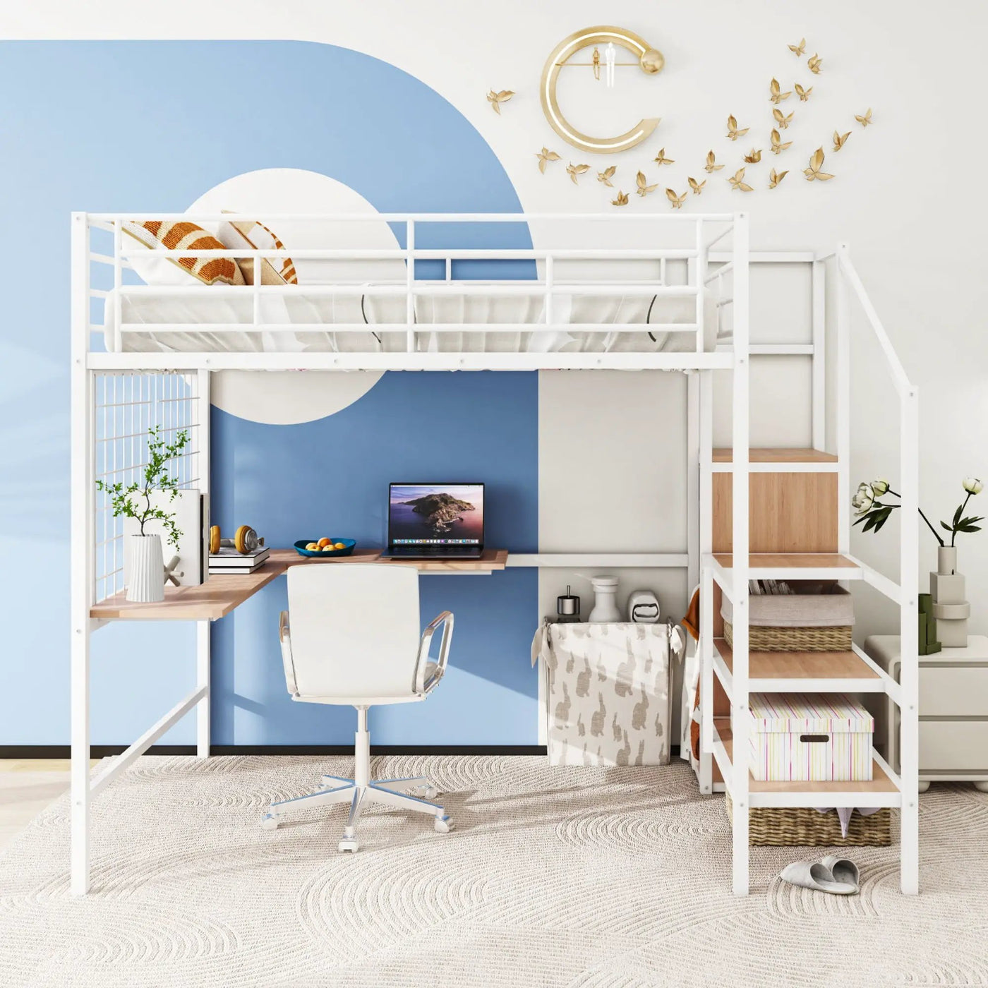 Loft Bed With Desk And Grid, Stylish Frame With Lateral Storage Ladder And Wardrobe by HouseOfZazla