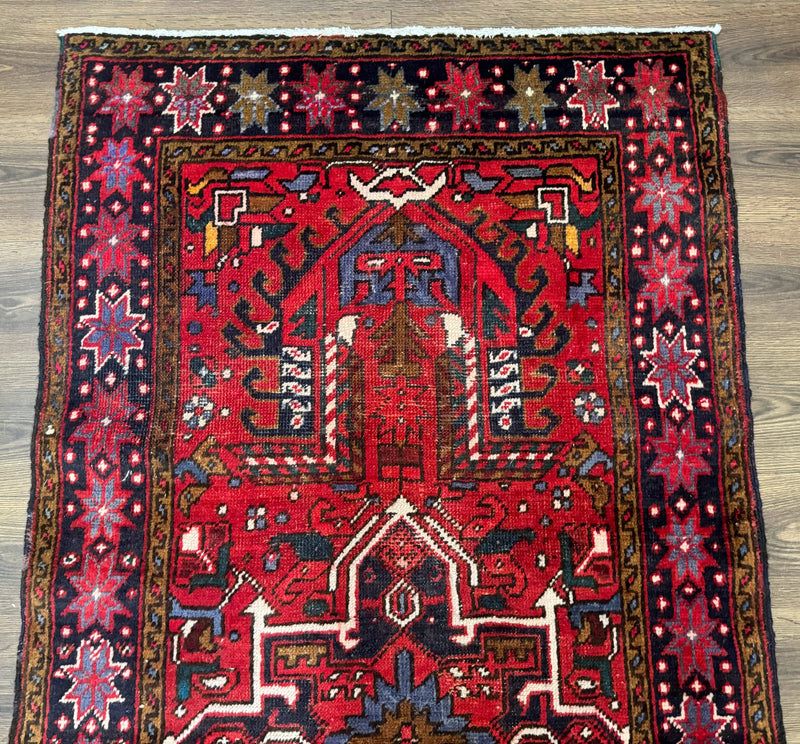 Persian Heriz Karajeh Runner Rug 3.7 x 12, Geometric Medallions, Red and Navy Blue by Jewel Rugs
