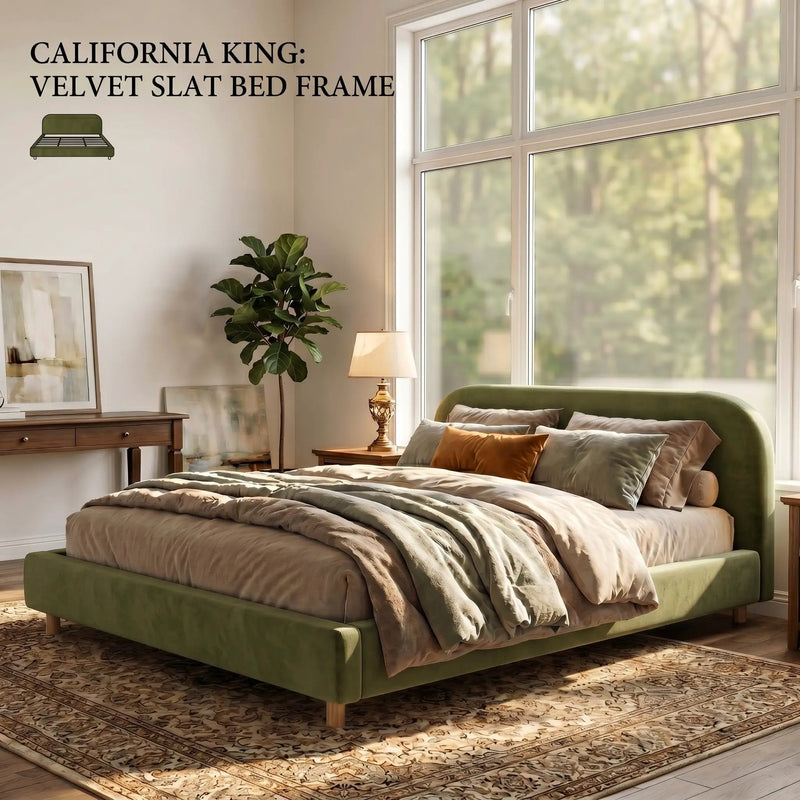 California King Size Upholstered Bed Frame With Velvet Fabric And Curve Design Thick Headboard, Solid Wood Legs, Olive by HouseOfZazla