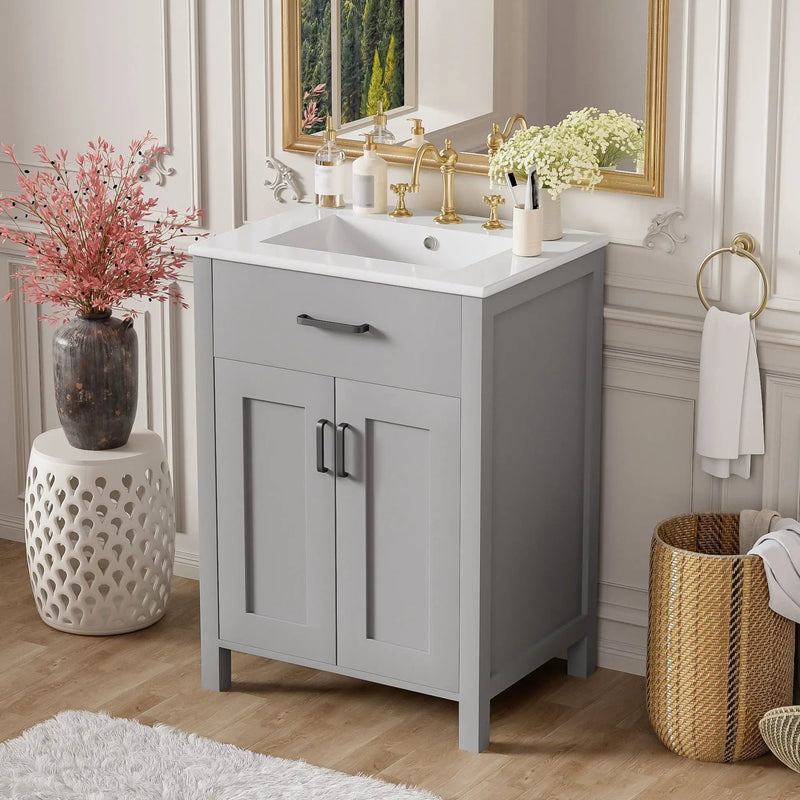 Bathroom Vanity With Ceramic Sink, Soft Close Doors, Flip Drawer, Double Layer Door Shelves