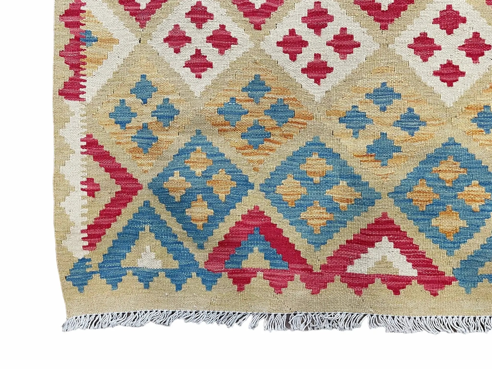 3x5 Kilim Rug Multicolor Tribal Kilim Rug 3 x 5 Tan Light Blue Red Beige New Turkish Anatolian Wool Kilim Flatweave Rug by Jewel Rugs