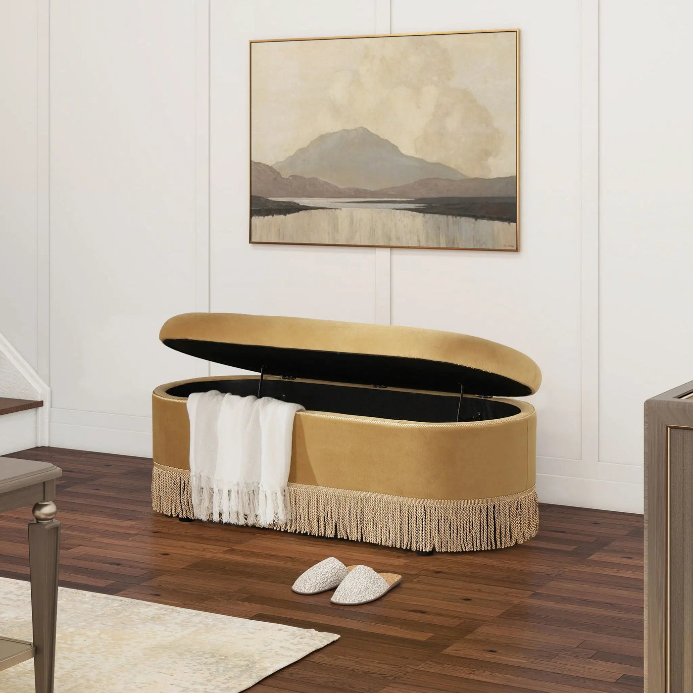 Melinda - Oval Tufted Bullion Fringe Storage Bench by HouseOfZazla