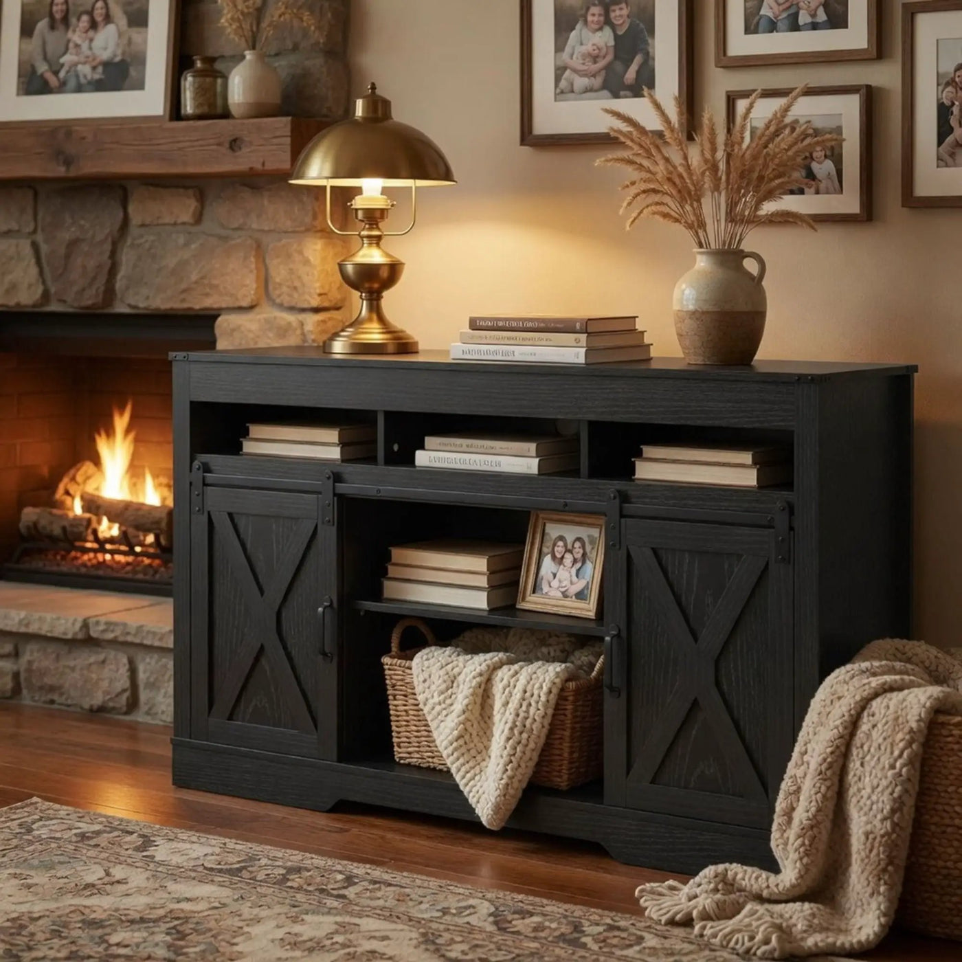 Farmhouse TV Stand With Sliding Barn Doors & Adjustable Storage by HouseOfZazla
