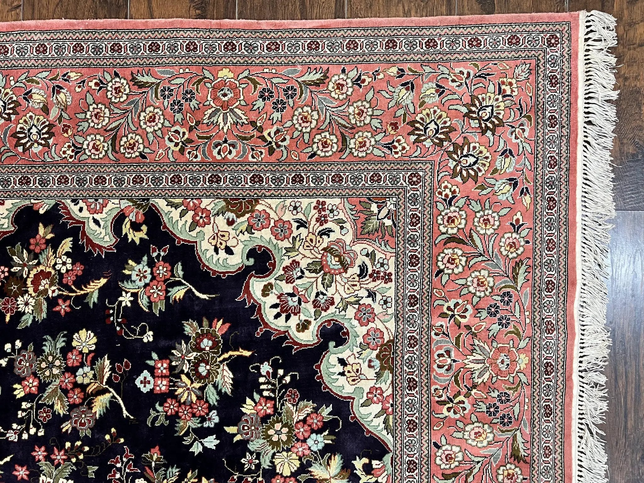 Stunning Silk Persian Qum Rug 7x9, Finely Hand Knotted Navy Blue & Salmon Floral Medallion Authentic Oriental Carpet, Vintage Handmade Silk Ghom Rug, Silk on Silk by Jewel Rugs