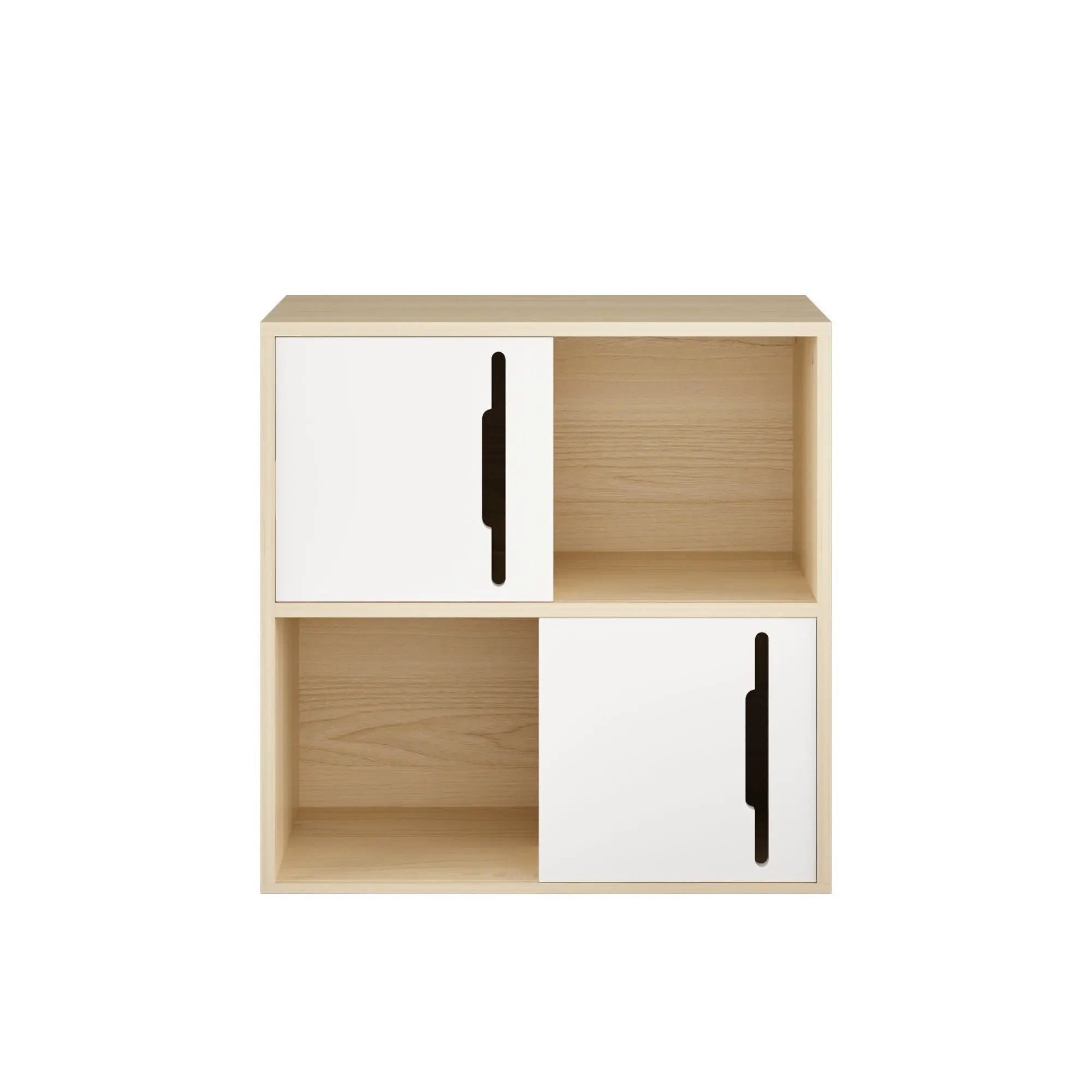 Storage Cabinet With Sliding Doors, 2 Tier Open And Closed Shelves Organizer - Natural / White by HouseOfZazla