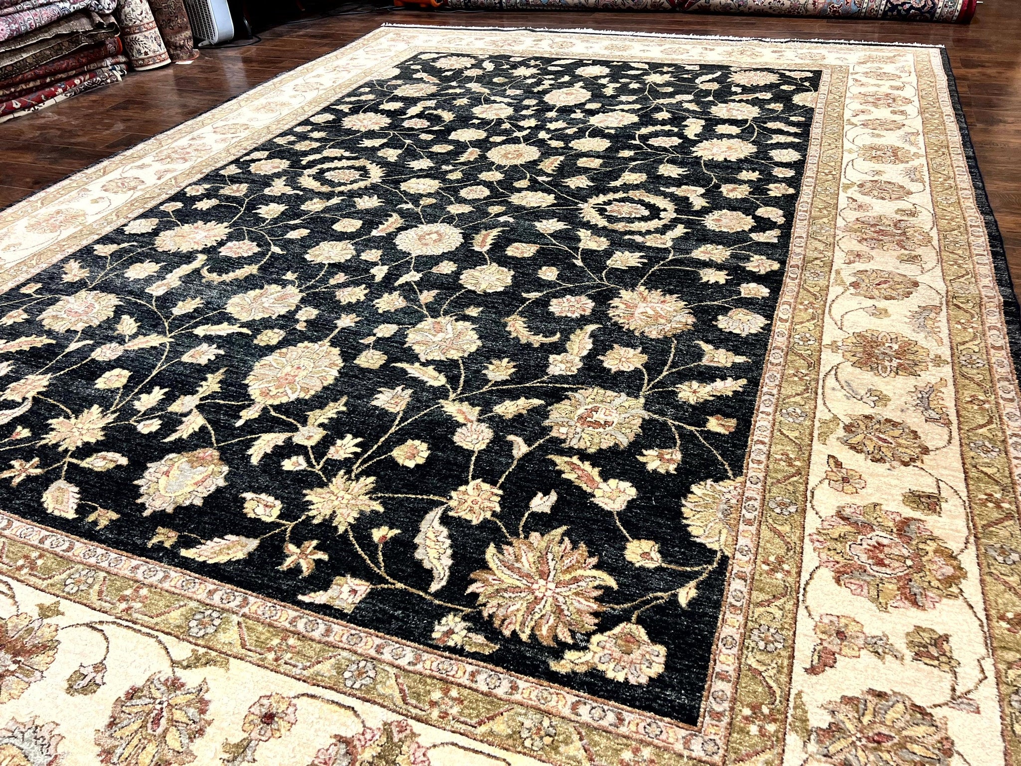 Indo Persian Rug 10x14, Charcoal and Beige, Floral Allover, Handmade Vintage Wool Carpet by Jewel Rugs
