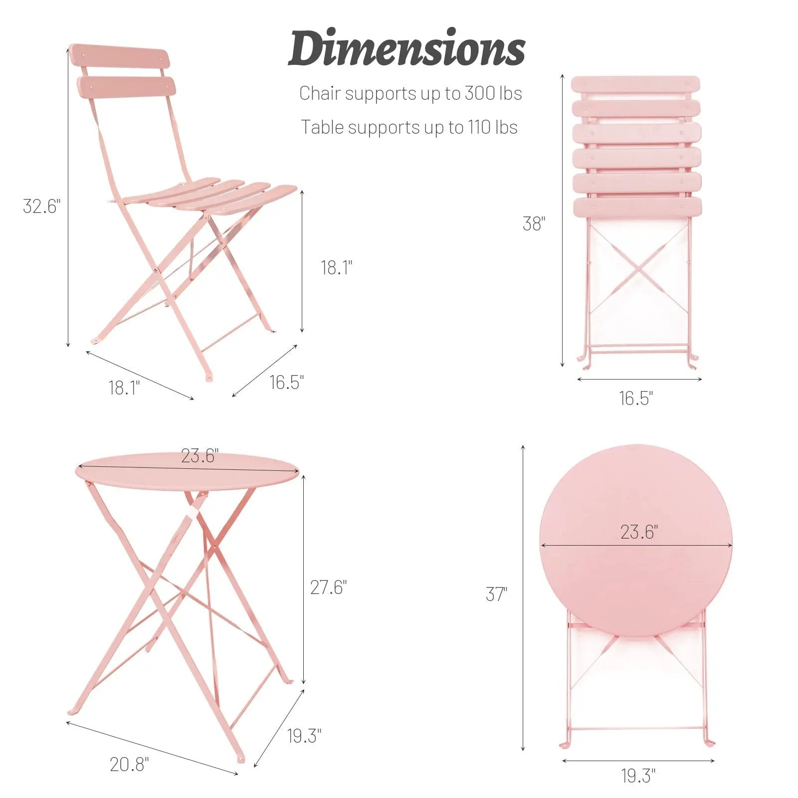 3 Pieces Patio Bistro Balcony Metal Chair Table Set - Pink by HouseOfZazla