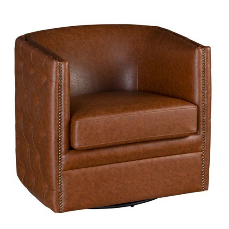 Swivel Chair With Tufted Barrel Design and Nailhead Accents - Light Brown