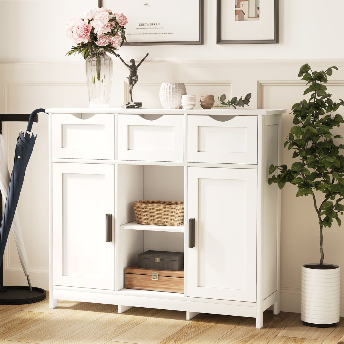 Wood Storage Sideboard with Drawers and Adjustable Shelves - White or Black, photo 5 of 8