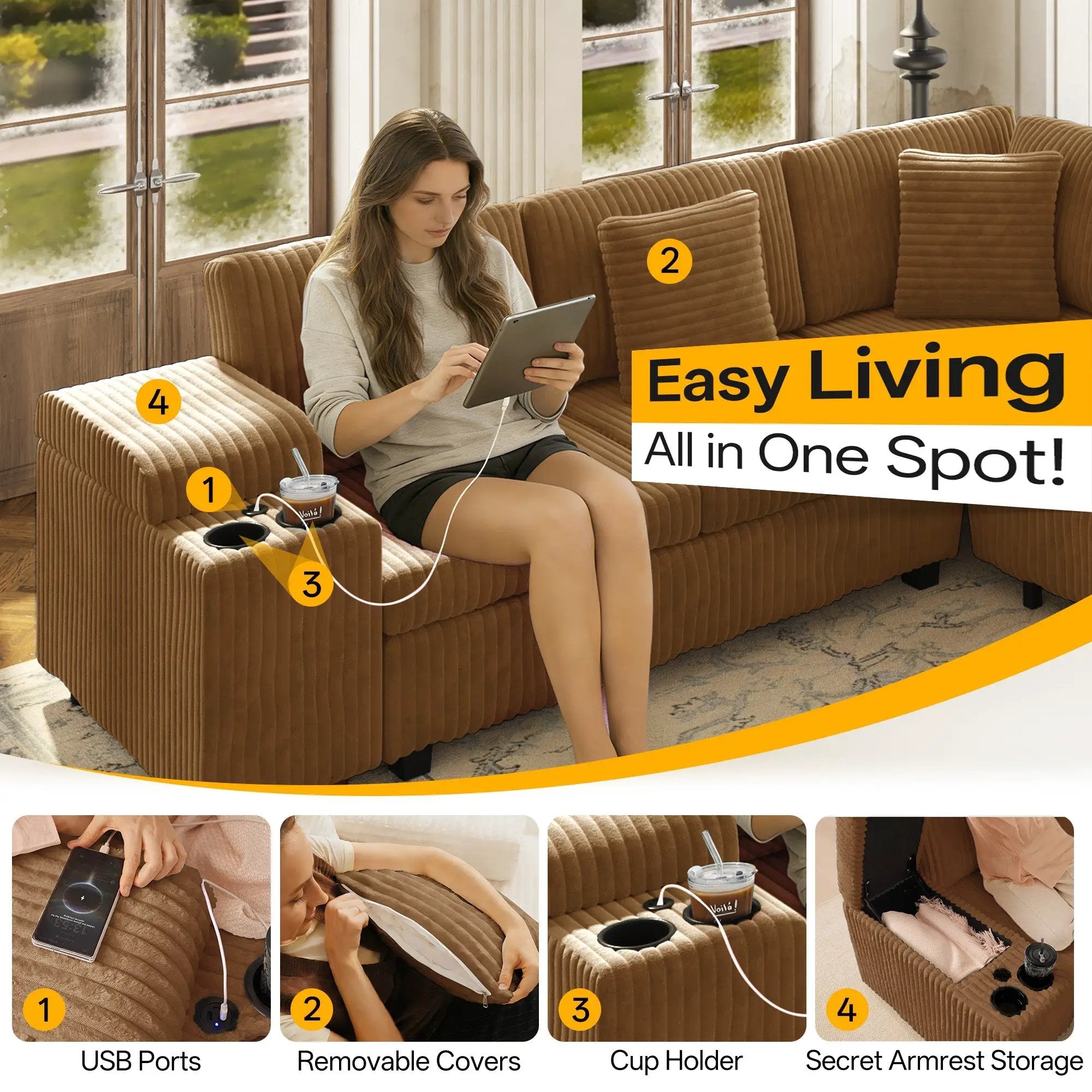 110.2" L-Shaped Sectional Sofa Set with Removable Ottoman in Camel by HouseOfZazla