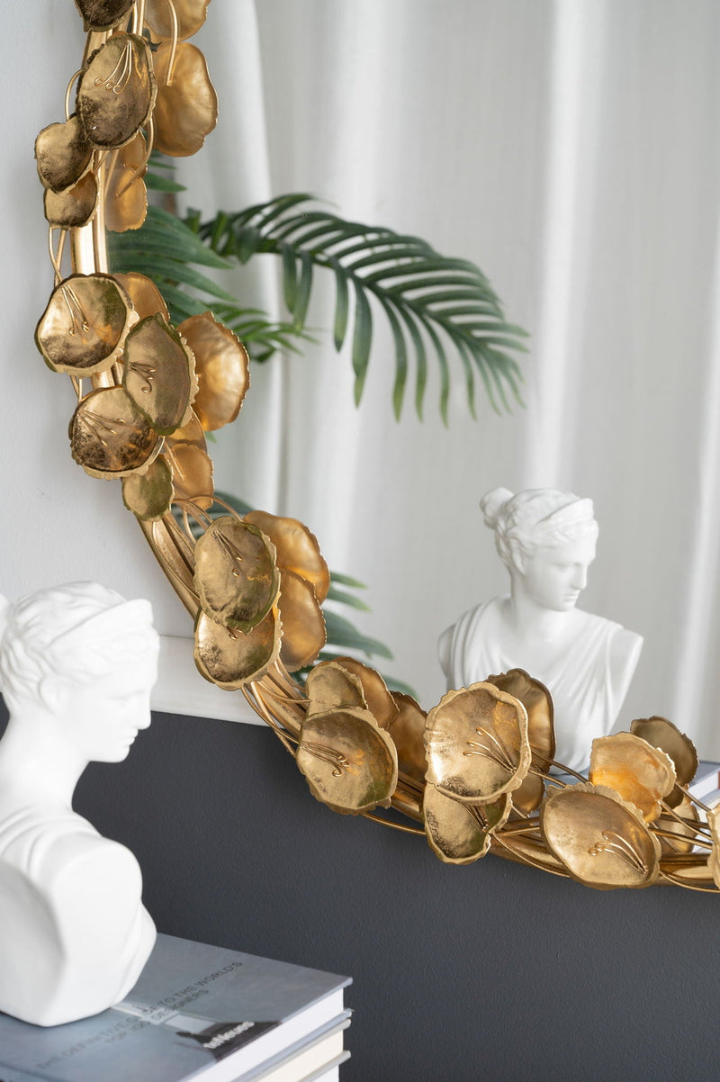 Round Metal Wall Mirror With Leaf Accents in Gold, photo 3 of 8