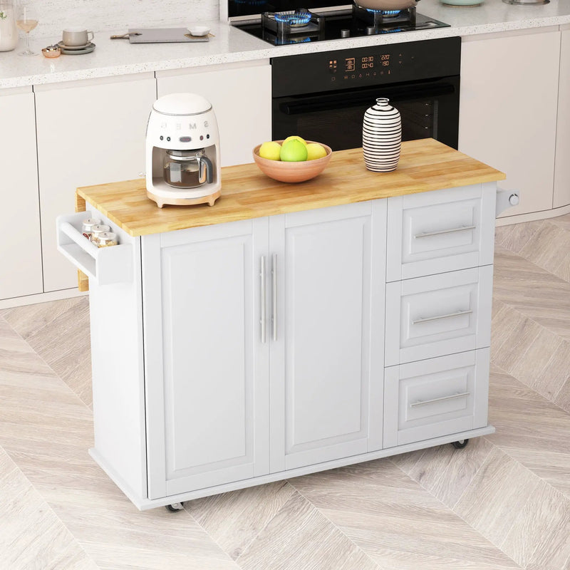 Kitchen Island Cart With 2 Door Cabinet, 3 Drawers, Spice Rack & Towel Rack - White by Unique Piece Furniture