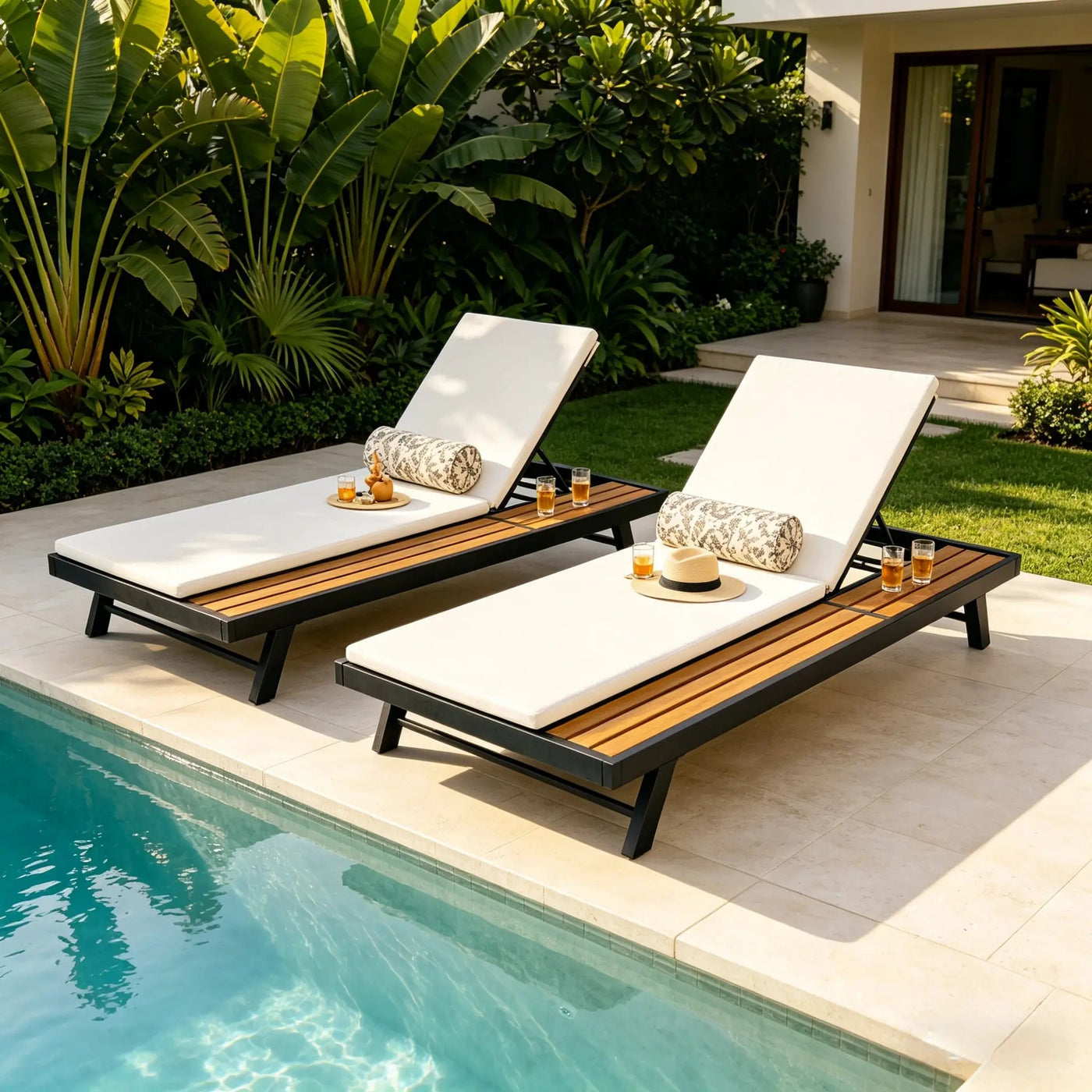 Black Iron and Teak Finish Outdoor Chaise Lounge Set by HouseOfZazla