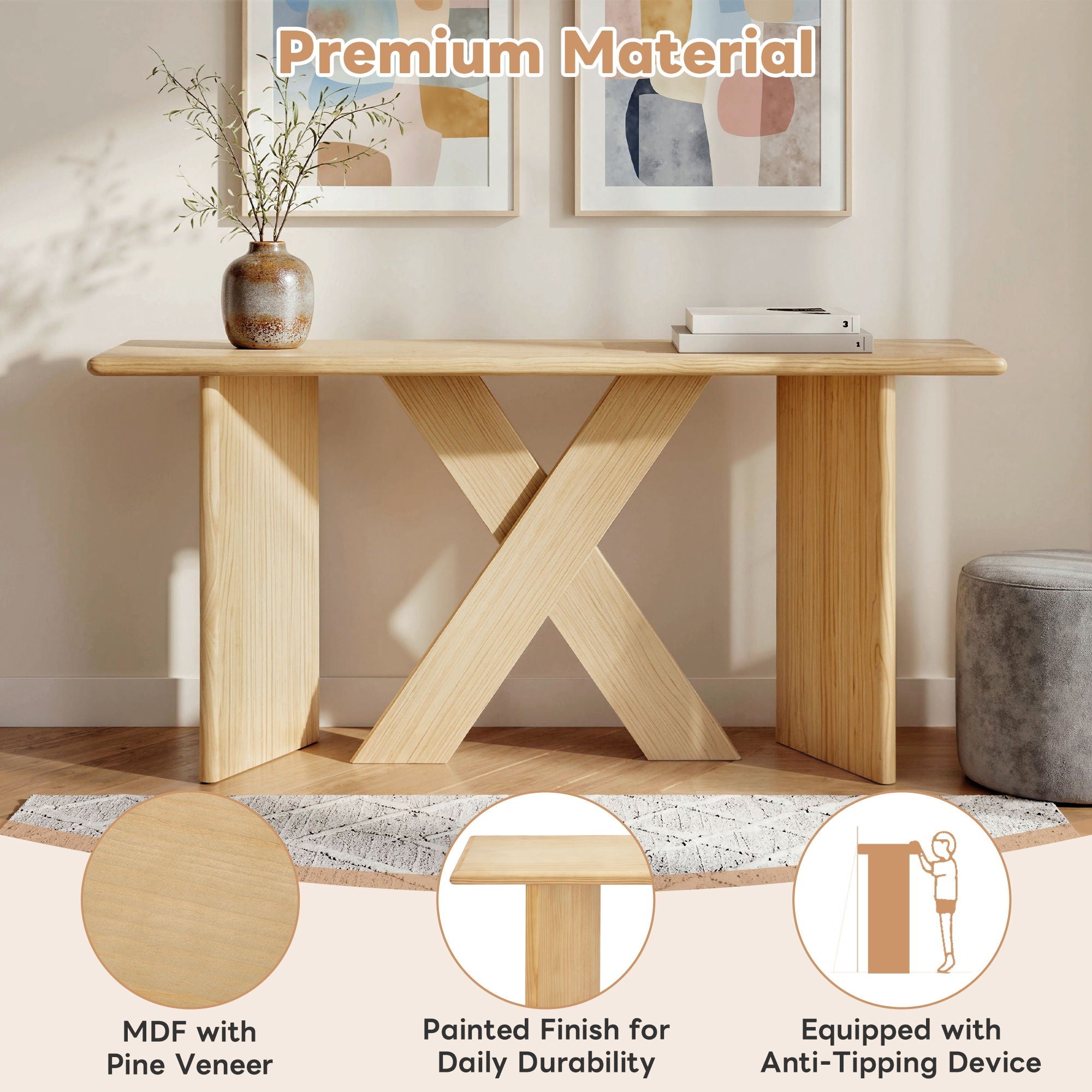 X-Frame Console Table, Angled Cross Leg Design, Rounded Edges - Natural by HouseOfZazla