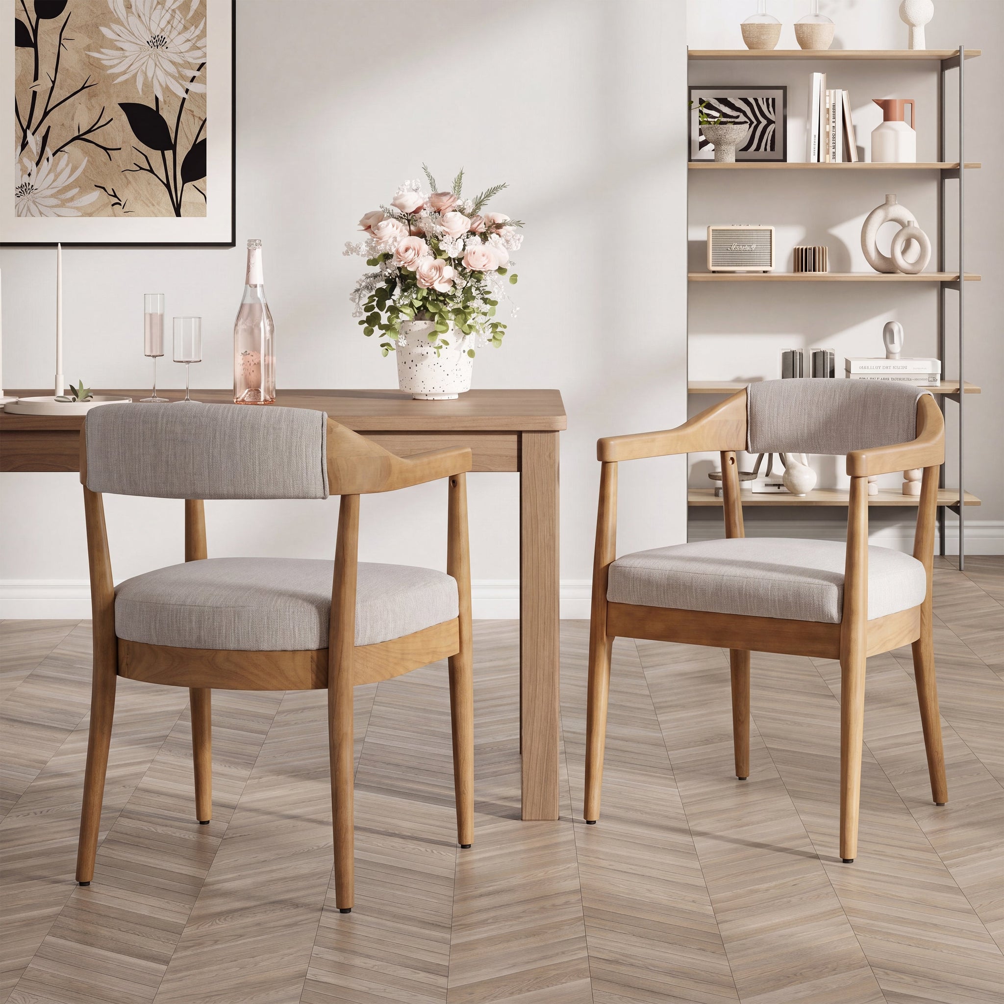 Wood Frame Upholstered Dining Chairs with Armrests (Set of 2) - Beige + Natural by HouseOfZazla