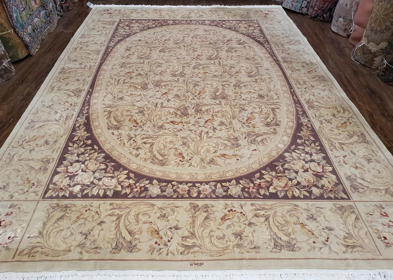 Chinese Aubusson Savonnerie Area Rug 8x12, Vintage 120 Line Carpet, Wool and Silk Hand-Knotted, Birds Flowers Master Weaver Signature by Jewel Rugs