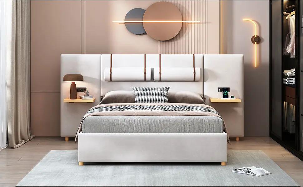 Upholstered Platform Bed, 2 Outlets And USB Charging Ports On Both Sides, 2 Bedside Pillows, Storage Shelves by HouseOfZazla