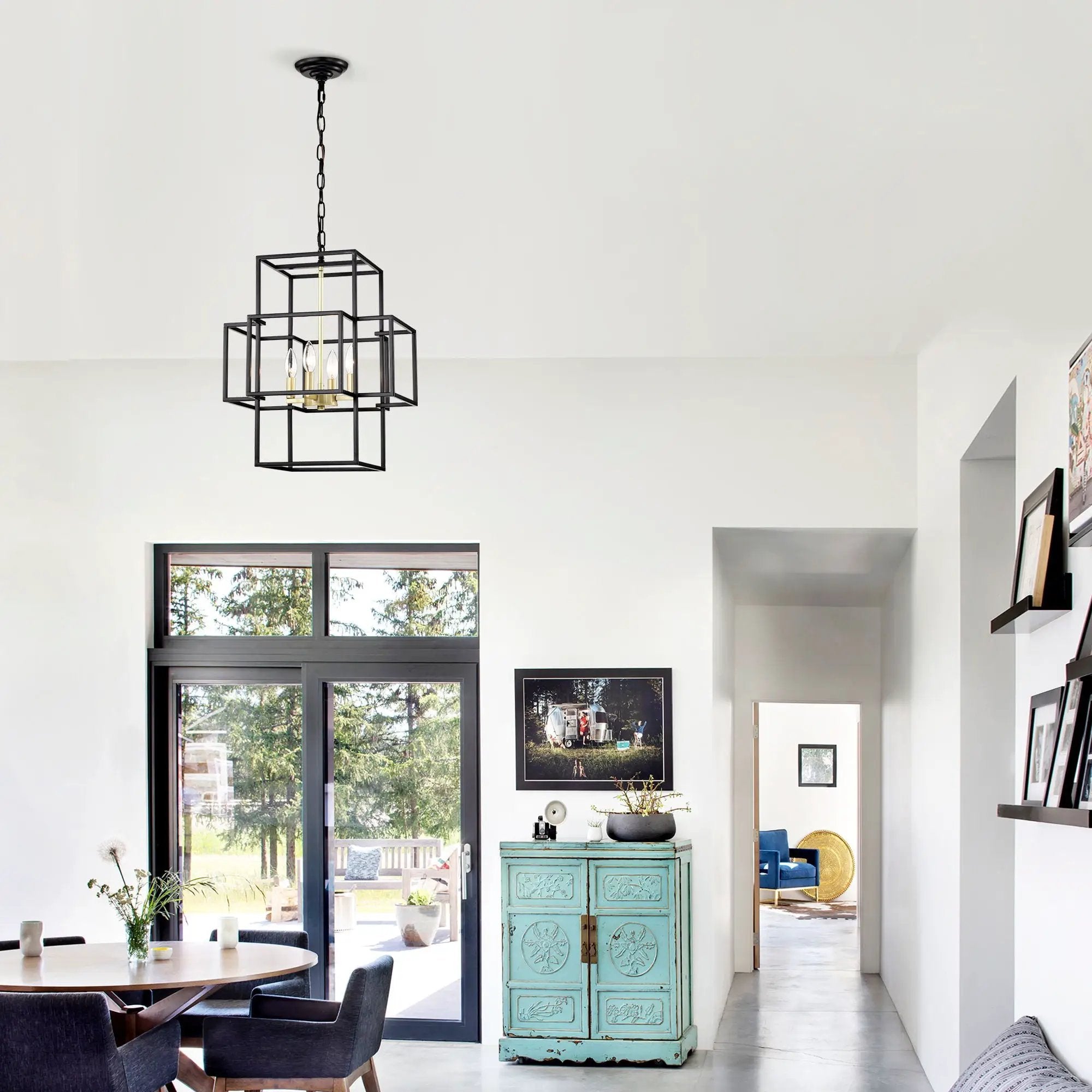 4 Light Metal Lantern Tiered Pendant Hanging Light Fixtures, Industrial Farmhouse Adjustable Height Chandeliers For Dining Room Hallway Foyer Entryway (E12 Bulbs Not Included) by HouseOfZazla