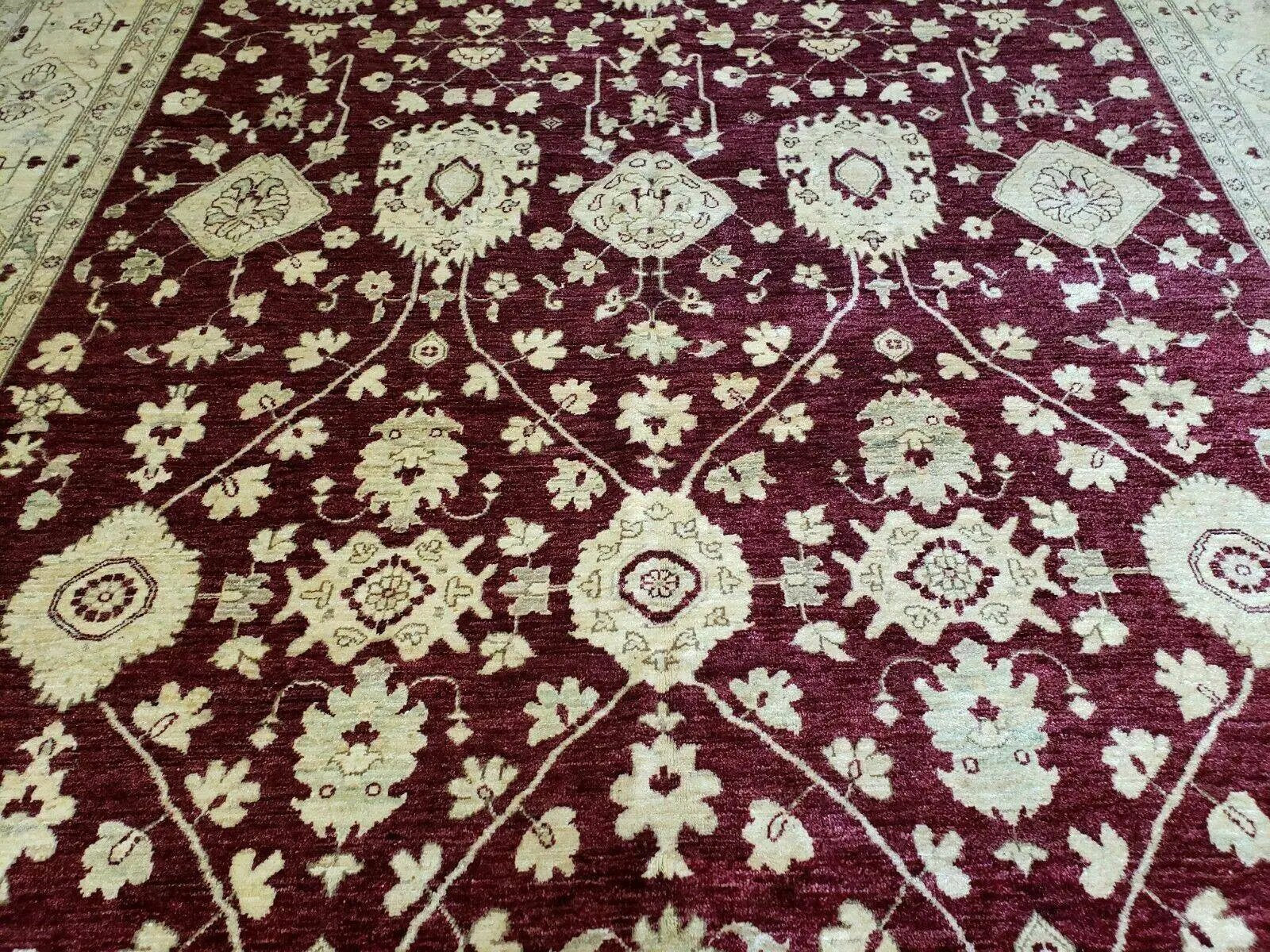 Pakistani Peshawar Rug 10x14, Handmade Chobi Carpet, Maroon & Beige by Jewel Rugs