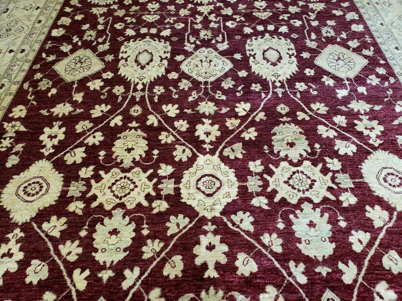 Pakistani Peshawar Rug 10x14, Handmade Chobi Carpet, Maroon & Beige by Jewel Rugs