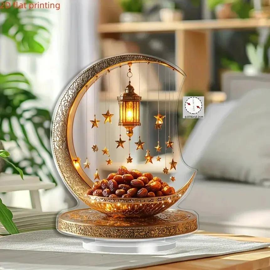 2D Flat - 2D Acrylic Crescent Moon and Star Tabletop Decor – Boho Style, Universal Holiday Collectible Figurine, Detailed Golden Accent Design, Non-Electric, Ideal for Eid al-Fitr Celebration, Kitchen, Home Decor, Fine Craf by House Of Avana