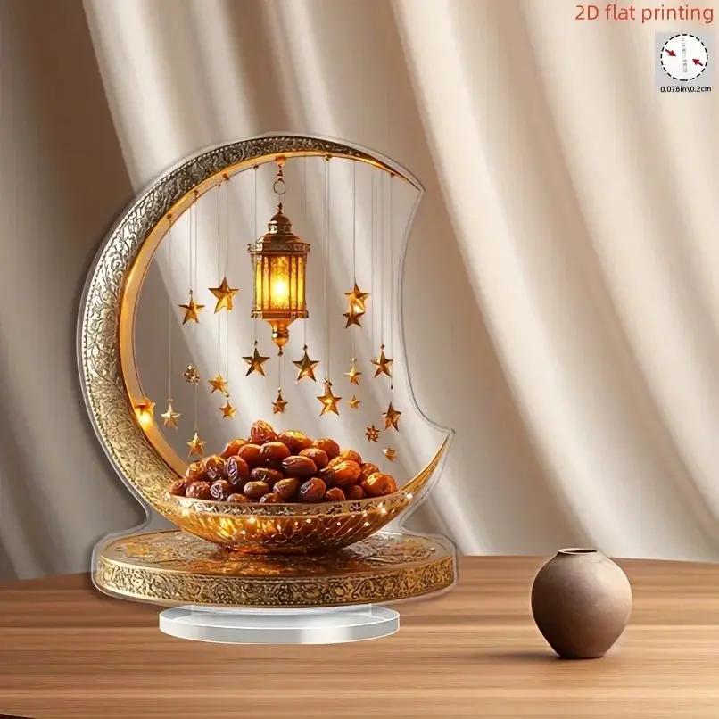 2D Flat - 2D Acrylic Crescent Moon and Star Tabletop Decor – Boho Style, Universal Holiday Collectible Figurine, Detailed Golden Accent Design, Non-Electric, Ideal for Eid al-Fitr Celebration, Kitchen, Home Decor, Fine Craf by House Of Avana