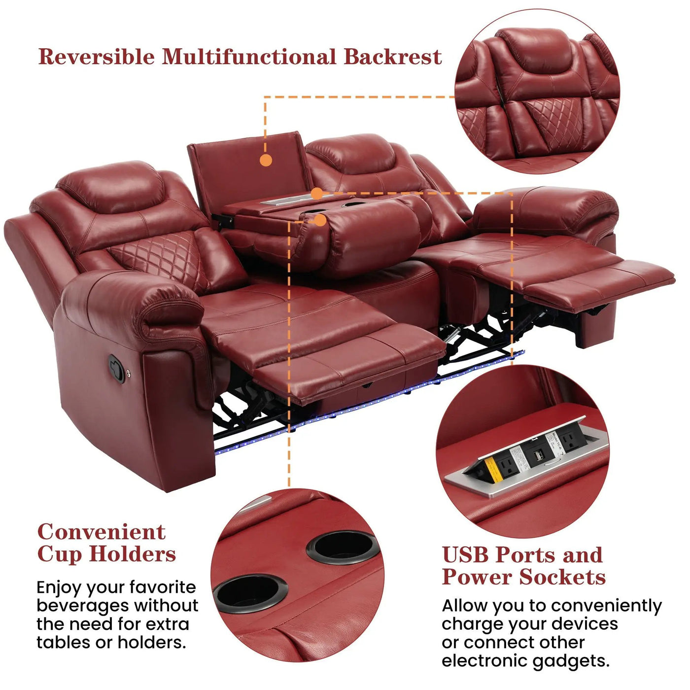 3 Pieces Recliner Sofa Sets Home Theater Seating Manual Recliner Chair With Center Console And LED Light Strip For Living Room by HouseOfZazla