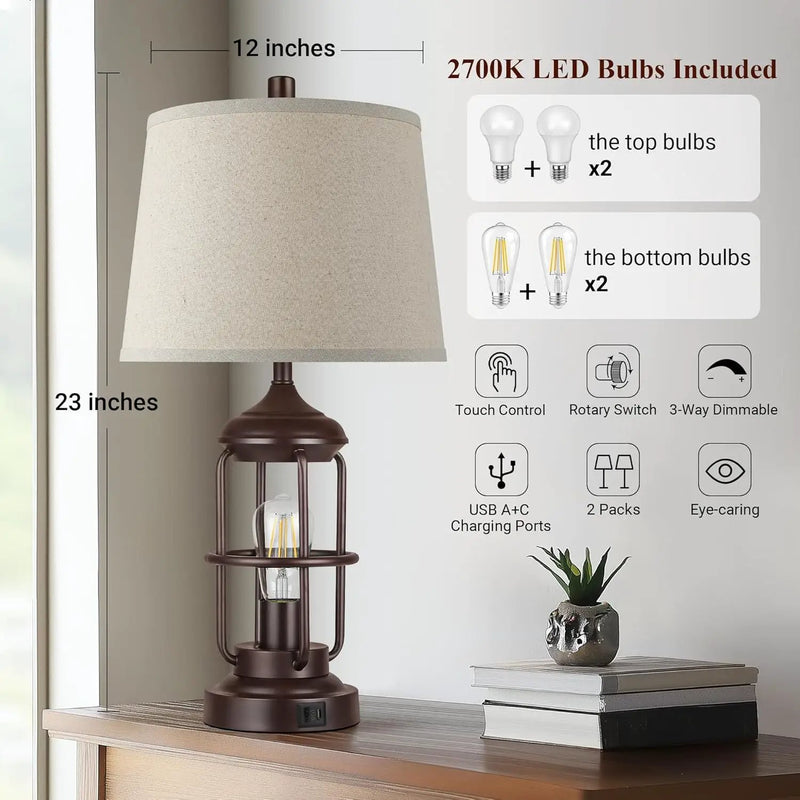 Table Lamp Set of 2 with USB Ports, Touch Control, and 3-Way Dimmable Light by HouseOfZazla