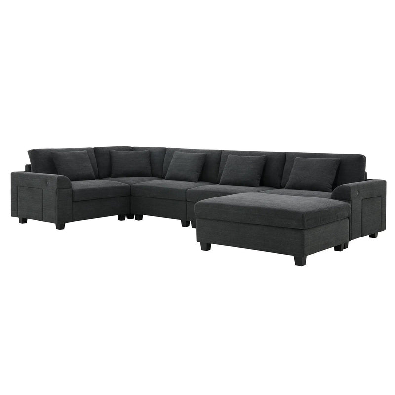 U Shaped Sectional Sofa 6 Seat Couch Set With Oversized Ottoman, Hidden Armrest Storage And Cup Holders USB Charging Ports Wide Seat Sofa by HouseOfZazla