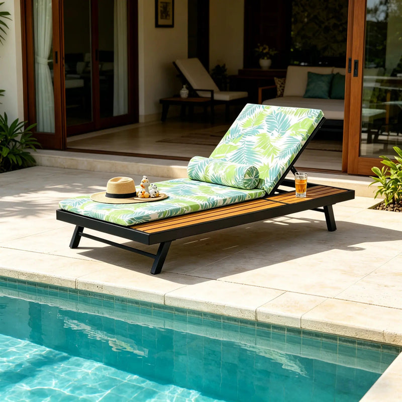 Black Iron + Teak Finish Outdoor Chaise Lounge Set with Leaf Coconut Cushion by HouseOfZazla