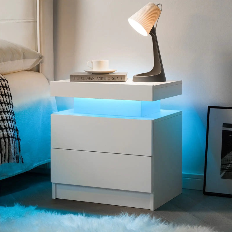 Modern LED Bedside Table Cabinet With Adjustable Lights And 2 Drawers - White by Unique Piece Furniture