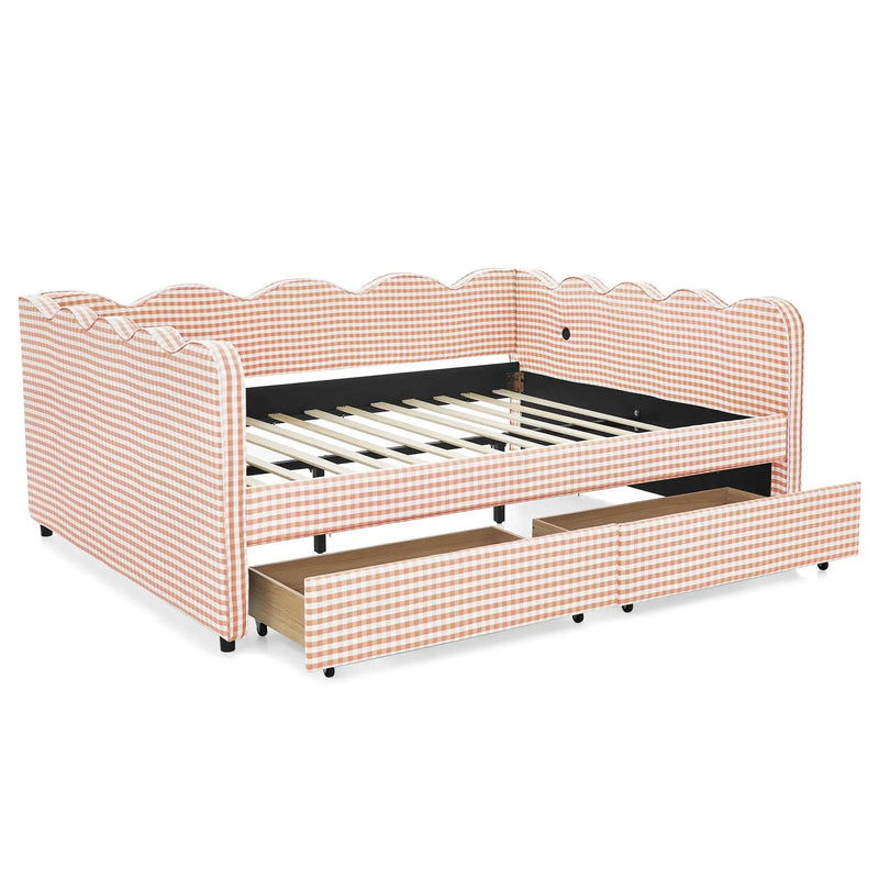 Queen Size Cozy Gingham Daybed with Two Storage Drawers and USB Port by HouseOfZazla