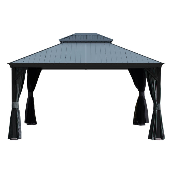 12x14 Hardtop Gazebo with Resin Roof and Drainage Gutters - Brown