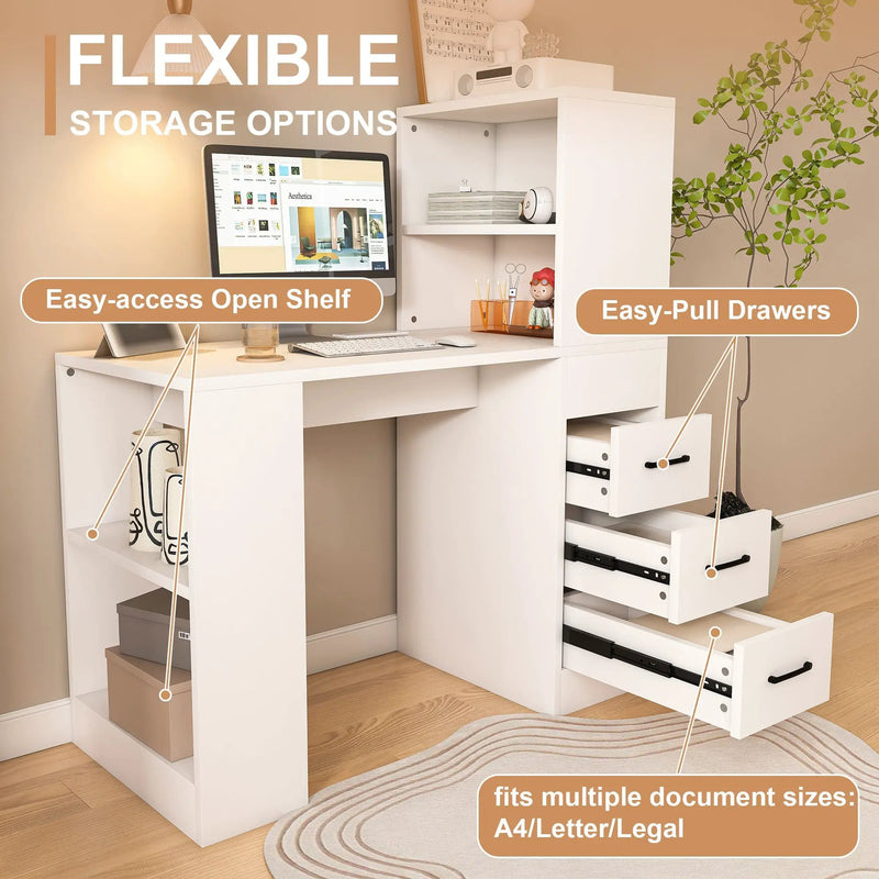 White Computer Desk with 4-in-1 Socket and Storage Options by HouseOfZazla