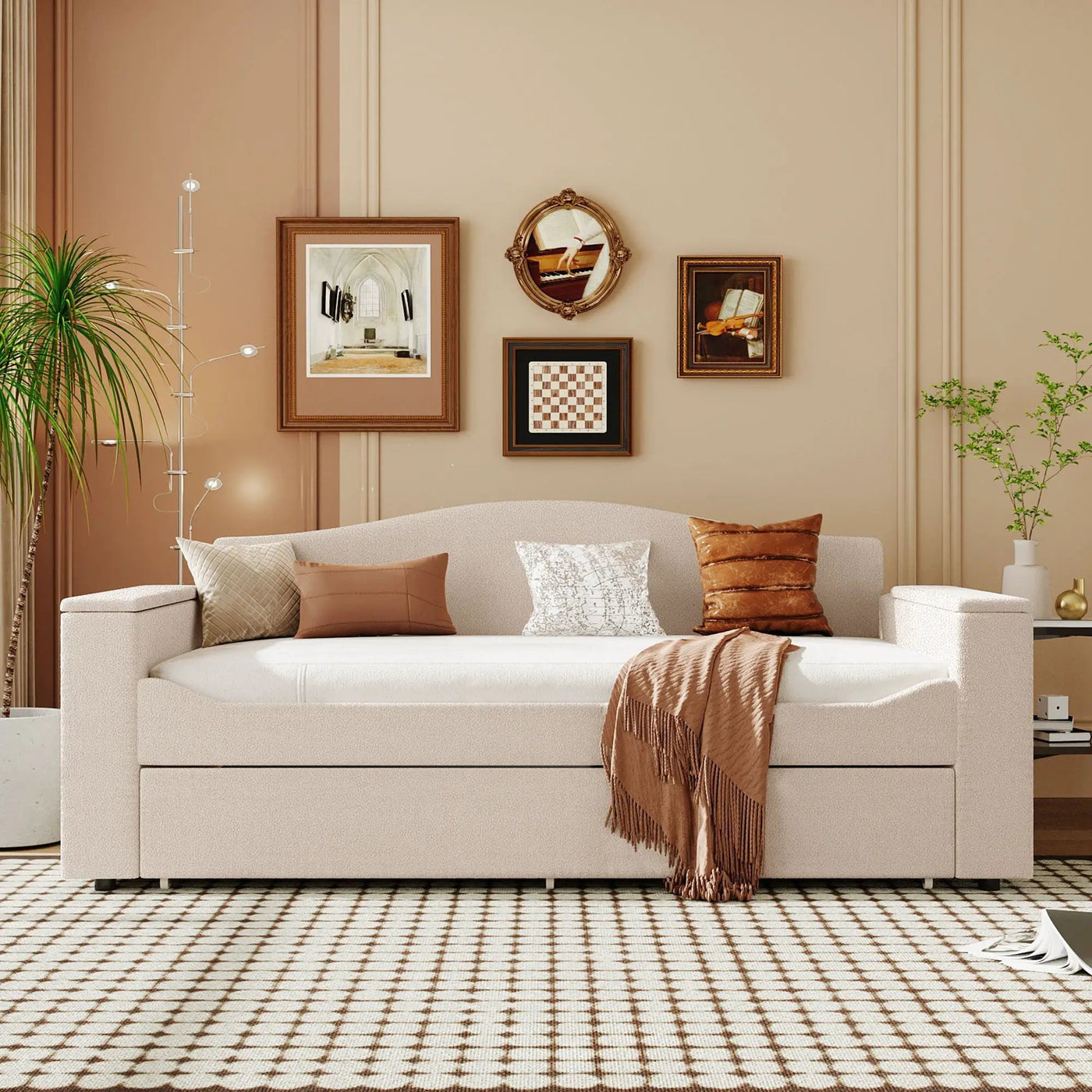 Upholstered Daybed With Storage Armrests, Trundle And Latest Integrated tooth Audio System by HouseOfZazla