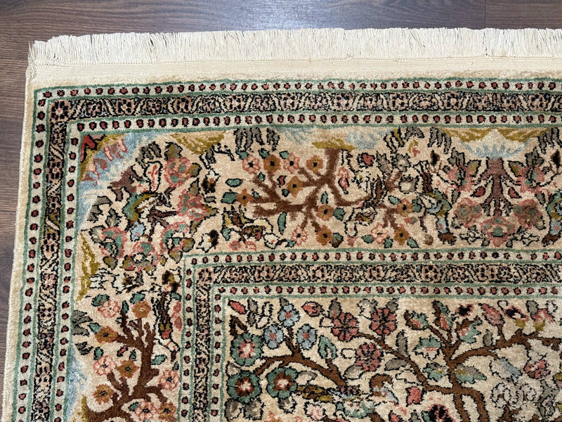 Indian Kashmiri Silk Rug 4x7, Tree of Life Design, Very Fine 380 KPSI, Birds by Jewel Rugs