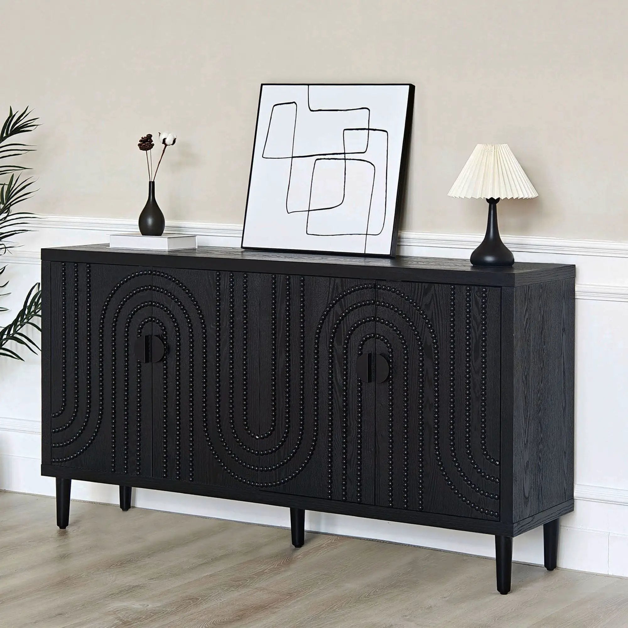 Modern Sideboard Cabinet With Decorative Nailhead Accents, Stylish Storage Solution For Dining, Living Rooms - Black by Unique Piece Furniture