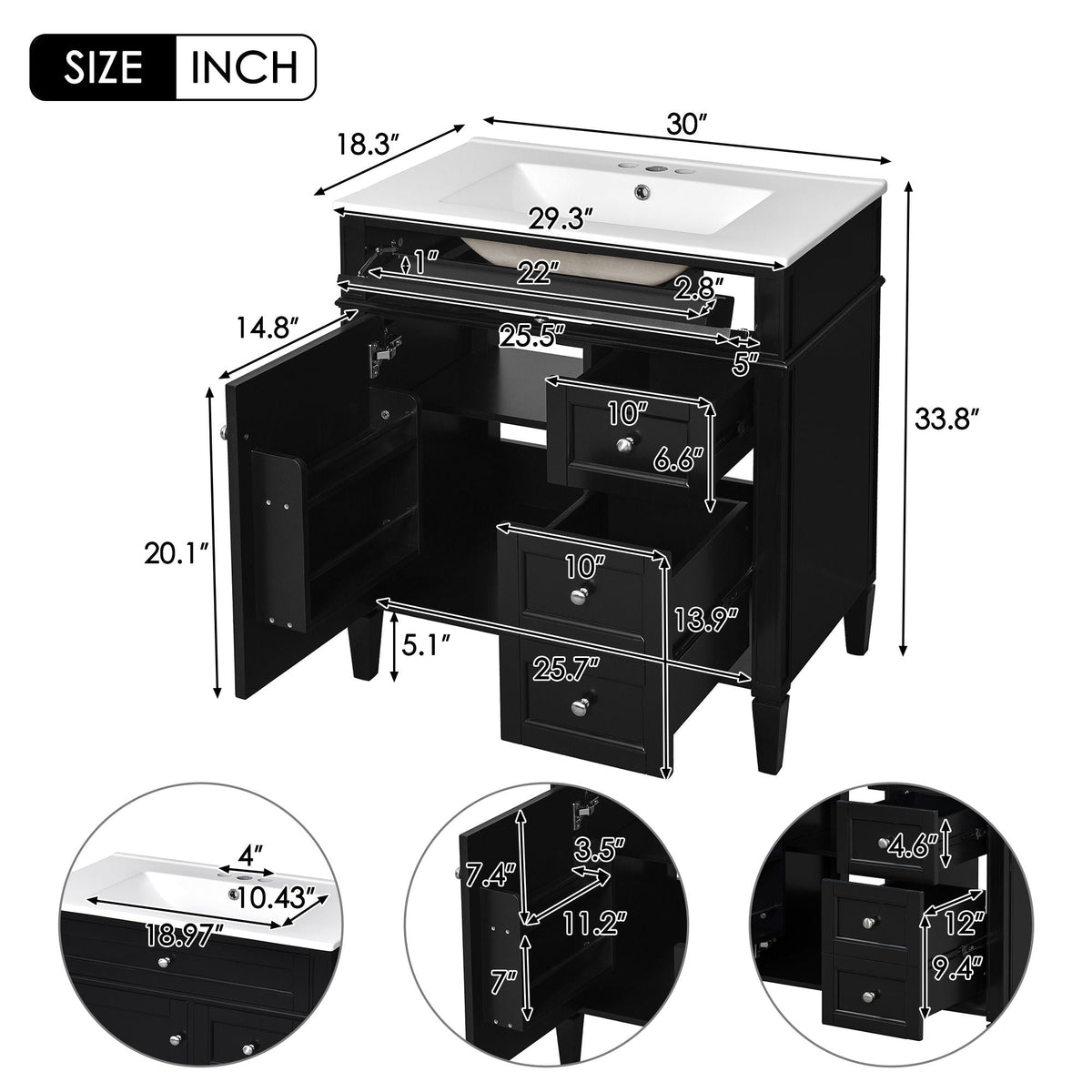 Bathroom Vanity with Ceramic Top Sink and Storage Drawers - Multiple Colors, photo 8 of 15