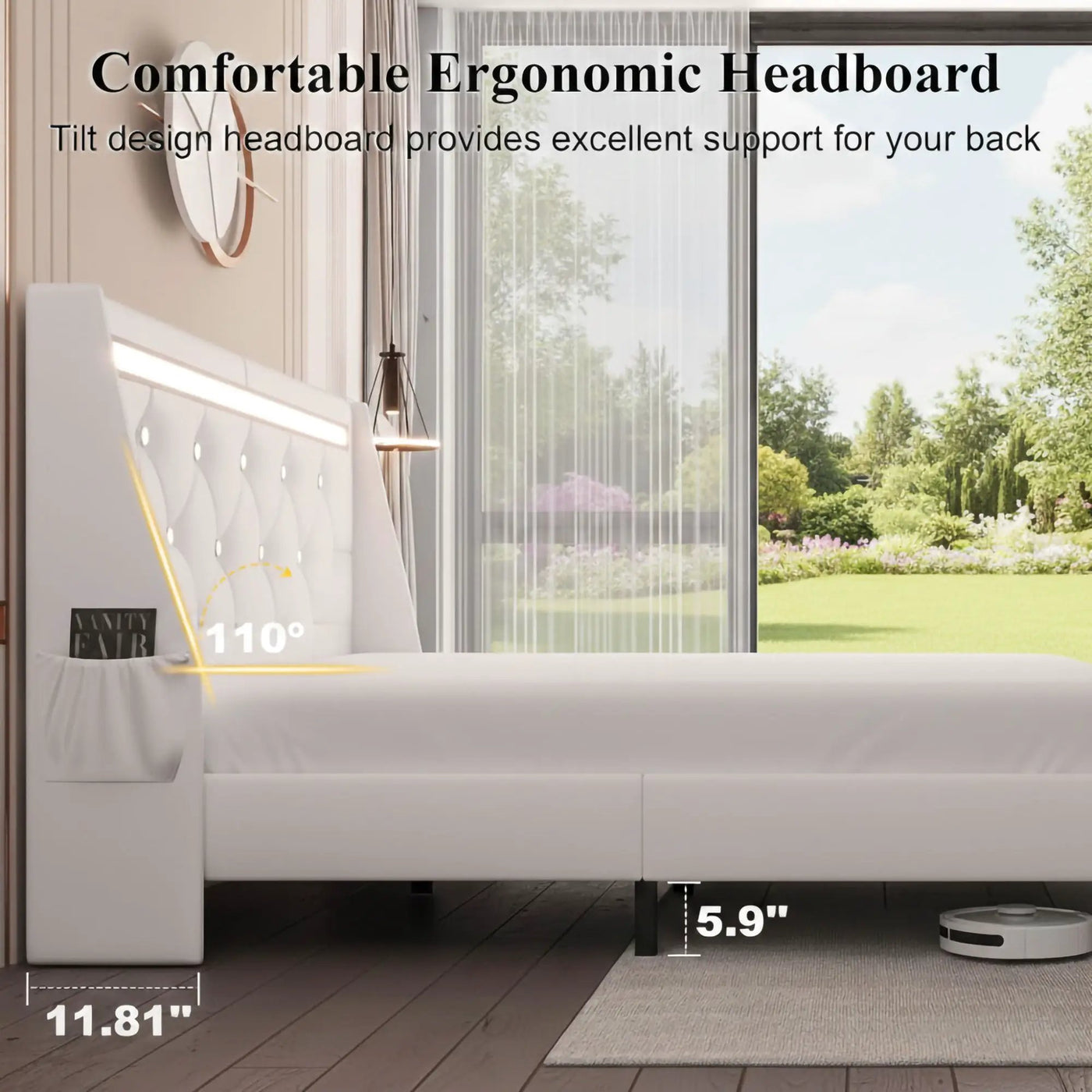 Wingback Upholstered Bed Frame With LED Lights, Charging Station by HouseOfZazla