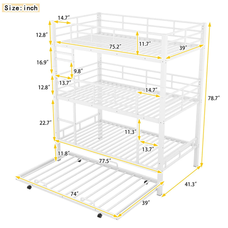 Triple Bunk Bed With Trundle, Heavy Duty Steel Construction by Unique Piece Furniture
