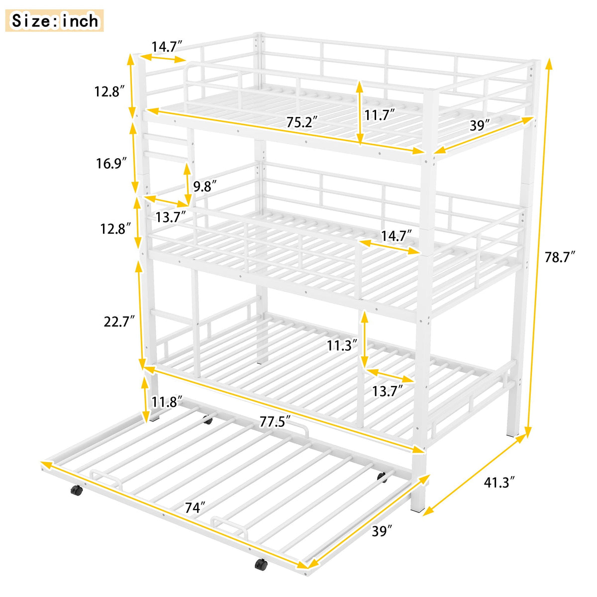 Triple Twin Bunk Bed with Trundle - Heavy Duty Steel Construction, photo 5 of 24