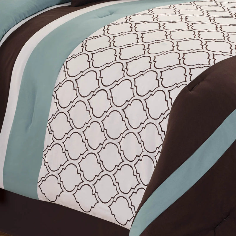 Tolbert 8 Pc Teal & Brown Geometric Embroidered Comforter Set by HouseOfZazla
