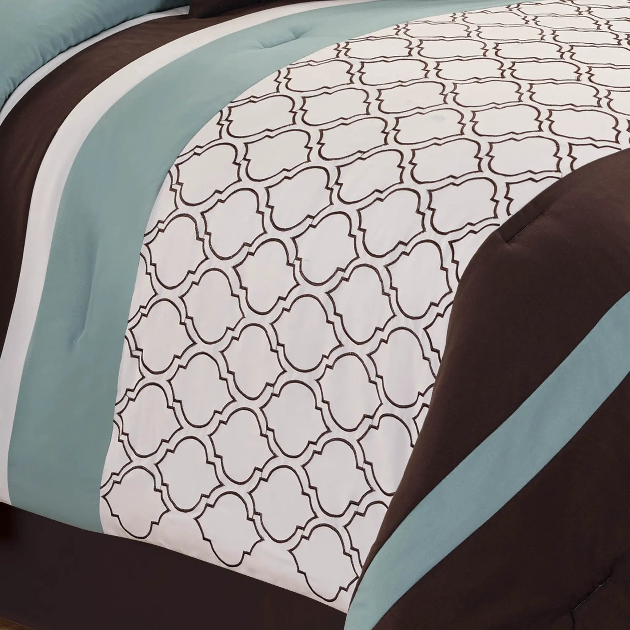Tolbert 8 Pc Teal & Brown Geometric Embroidered Comforter Set by HouseOfZazla