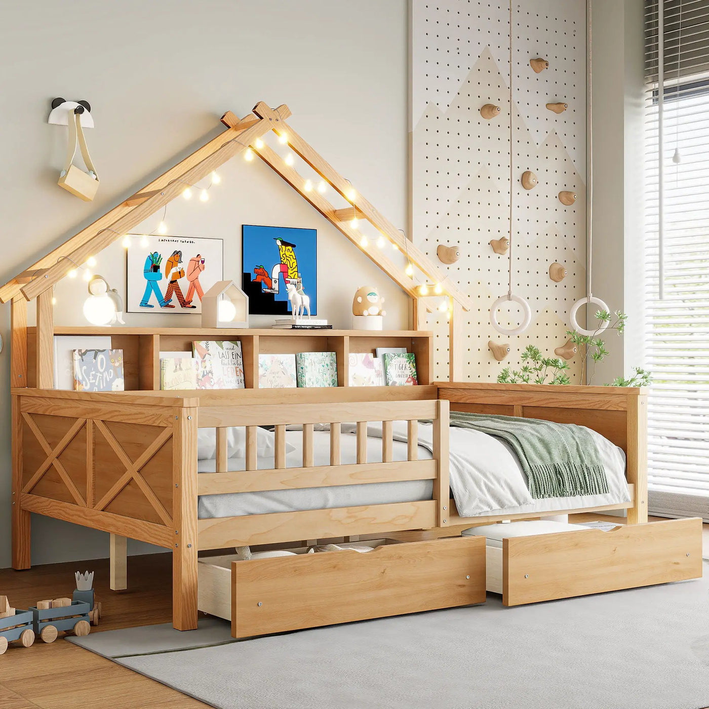 House Style Platform Bed With LED Lights, Storage Shelves, Drawers, And Guardrail by HouseOfZazla